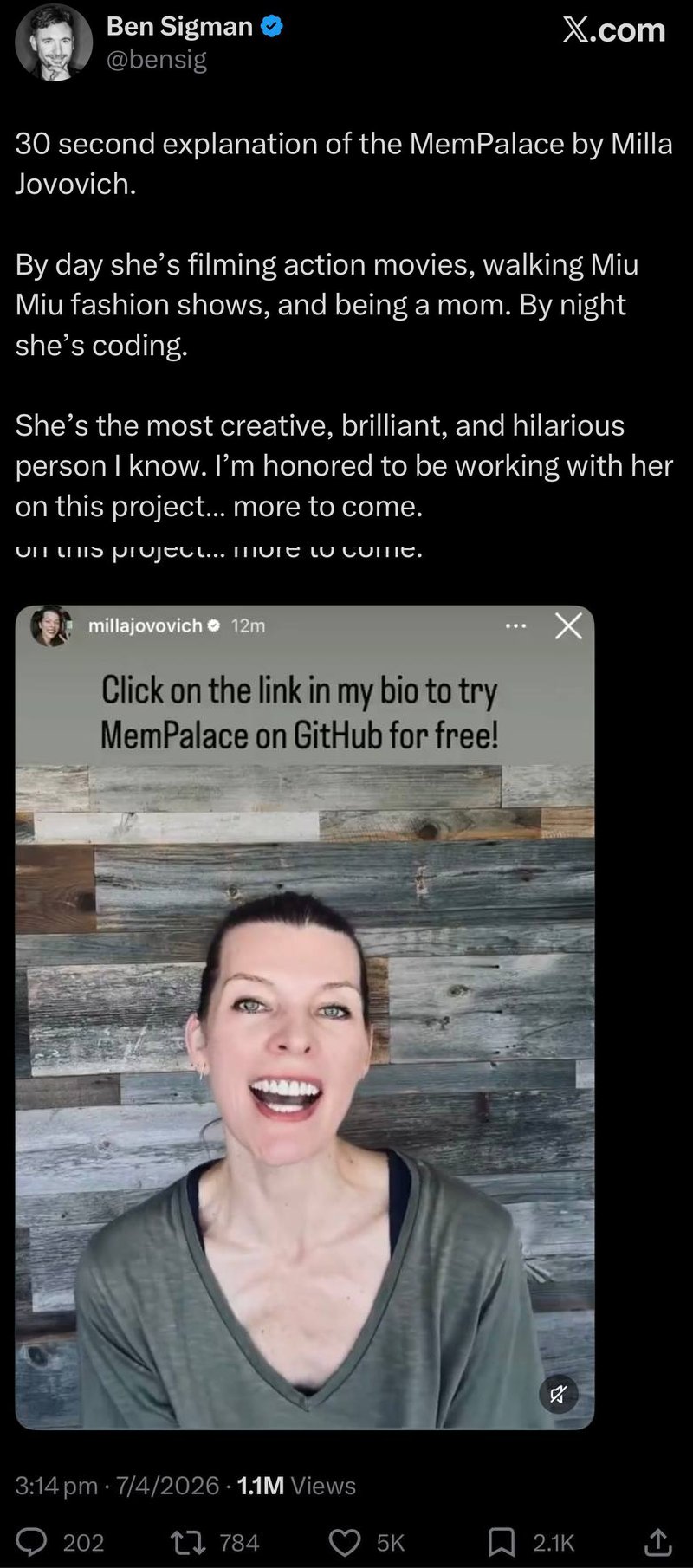 Ben Sigman's X post about MemPalace with Milla Jovovich's 30-second explanation video